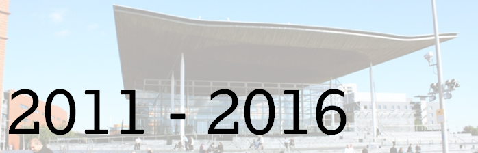 Picture of the Senedd exterior, with dates 2011-2016 written across. This is headline image for Fourth Assembly events page