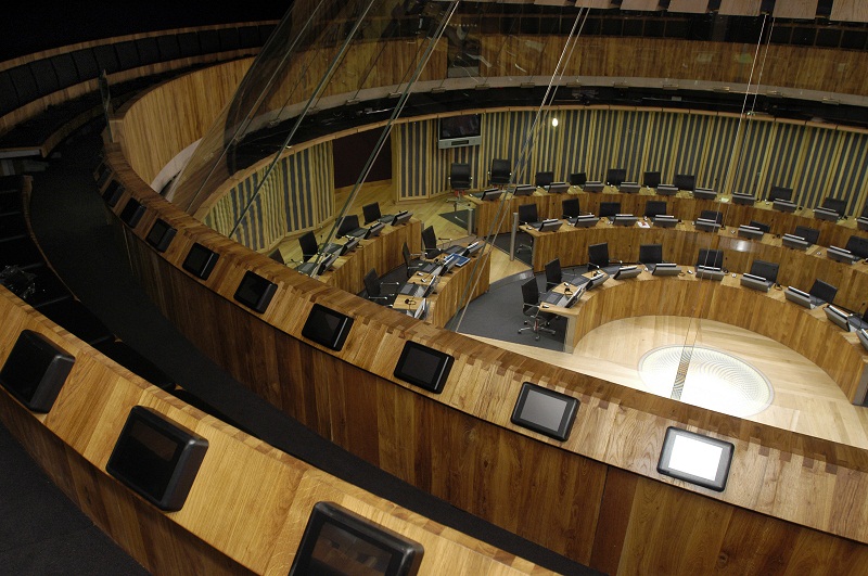 A picture of the debating chamber of the Senedd
