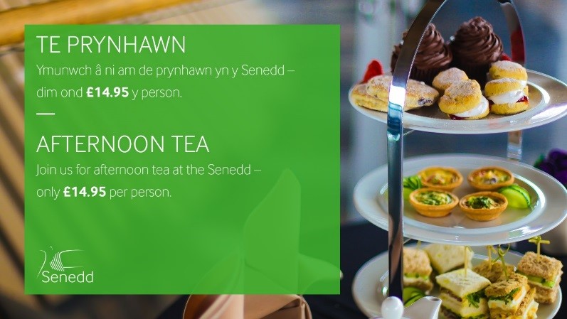Cake stand with sandwiches and cakes. Text reads: Afternoon tea - Join us for afternoon tea at the Senedd, only £14.95 per person