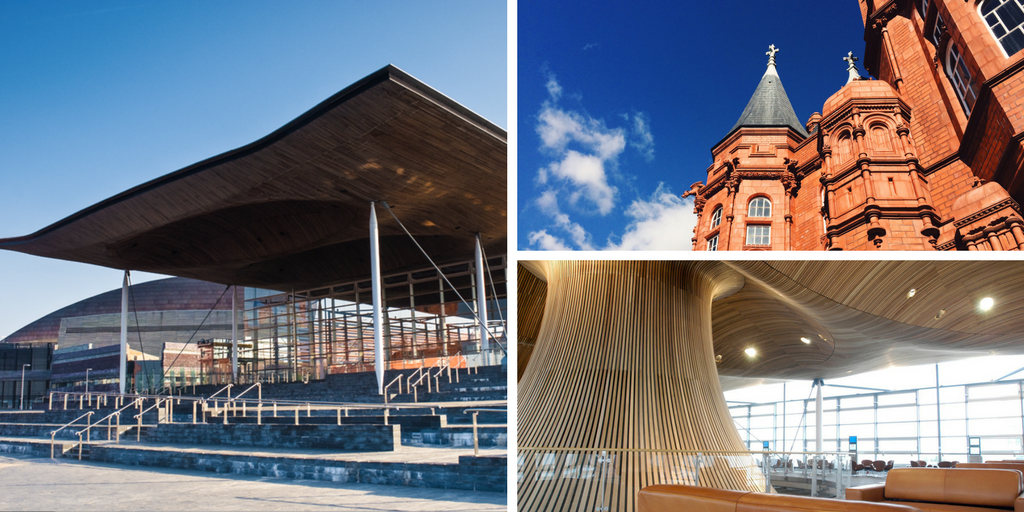 Senedd and Pierhead buildings from outside. Interior of Senedd showing the funnel and seats.