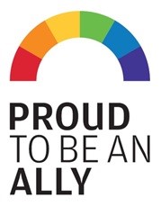 Logo with a rainbow that reads Proud to an Ally