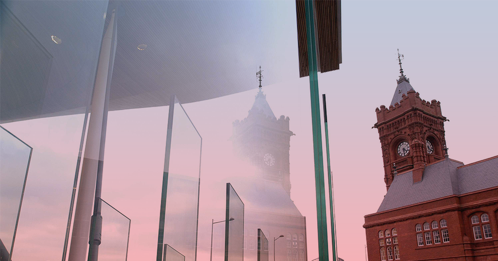 Pierhead building at sunset in Cardiff Bay