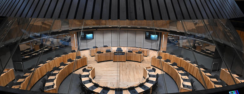 A photo of the Senedd debating chamber 