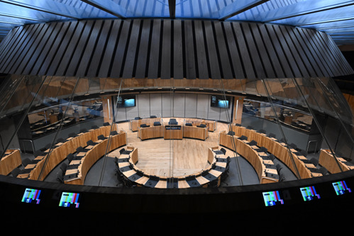 The view from the Senedd's public viewing gallery into the newly renovated debating chamber (Siambr), February 2026