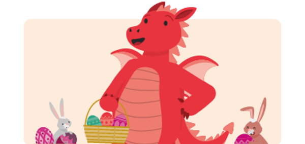 An image featuring a red dragon holding an Easter basket with colourful eggs. Either side of the dragon there are two rabbits, one grey and one brown, also holding Easter baskets and eggs. 