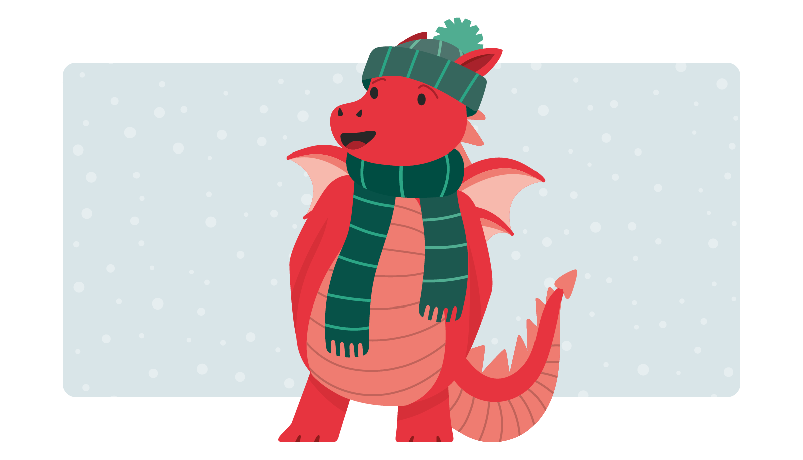 A red dragon wearing a green winter hat and scarf, standing against a snowy background.