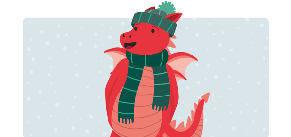 A red dragon wearing a green winter hat and scarf, standing against a snowy background.