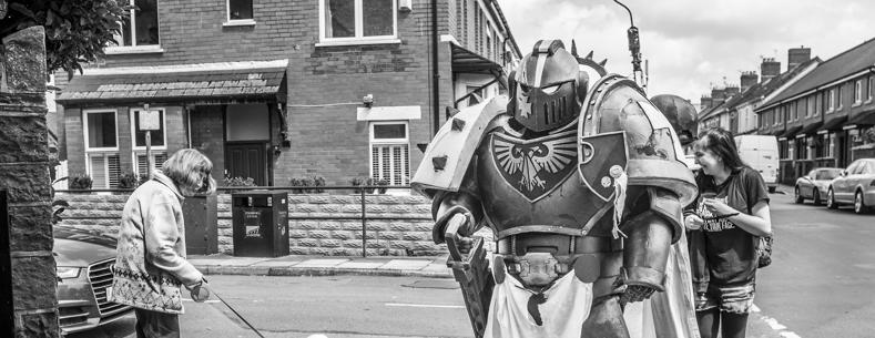 Comic-Con enthusiast, street corner, Penarth. Picture by Nick Treharne.