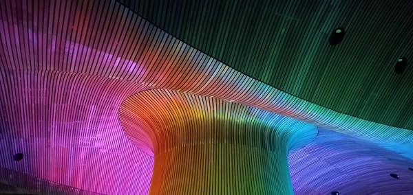 The ceiling of the Senedd building lit up in rainbow colours.