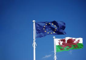 The article’s main image is of Welsh and EU flags against a blue sky.