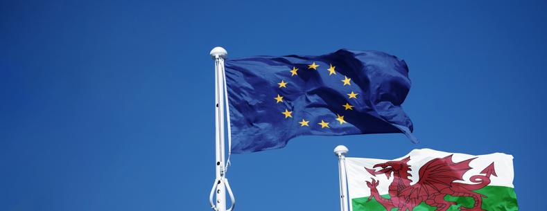 The article’s main image is of Welsh and EU flags against a blue sky.