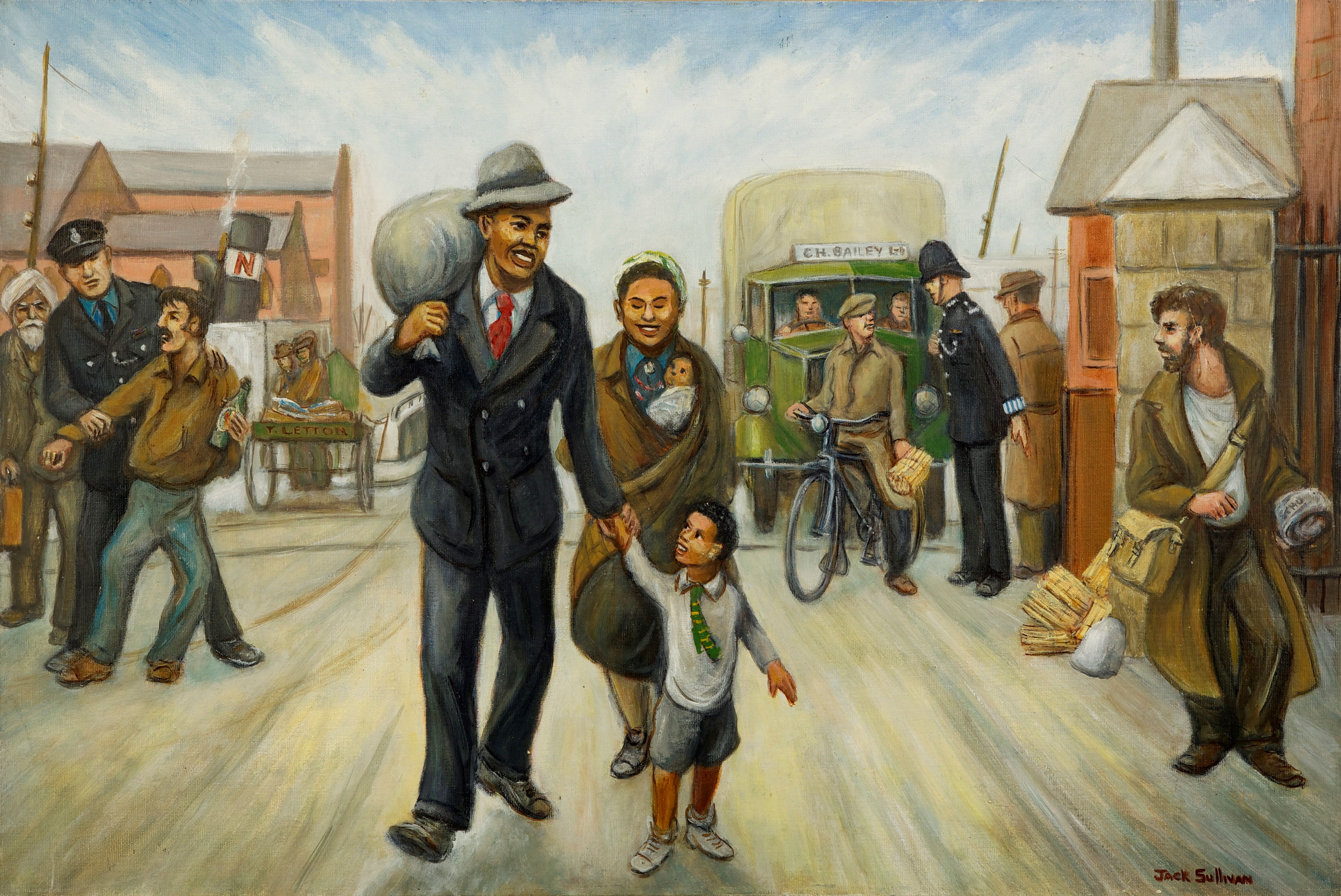 Painting of a returning Seaman with his family walk through the main gates of Cardiff Docks in the early 1950s. In the background a Policeman is stopping Dockworkers carrying firewood.