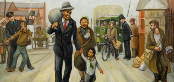 Painting of a returning Seaman with his family walk through the main gates of Cardiff Docks in the early 1950s. In the background a Policeman is stopping Dockworkers carrying firewood.