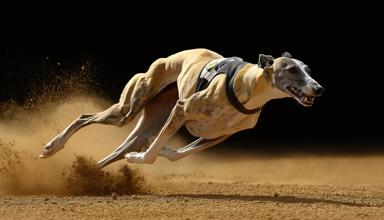 Photograph of a racing greyhound on sand track