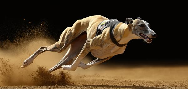 Photograph of a racing greyhound on sand track