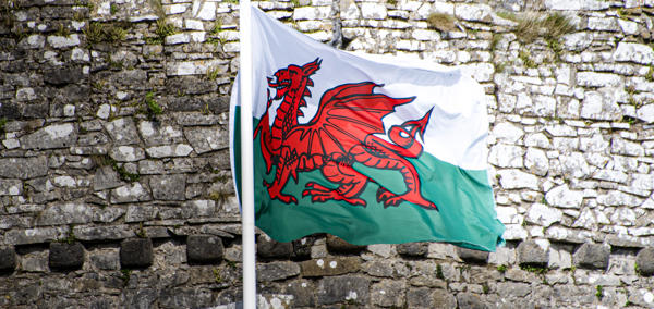 The cover image is of a Welsh flag flying in front of a castle wall.
