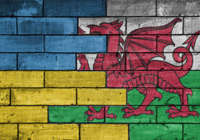 wooden blocks painted in the Welsh and Ukrainian flags meeting in the middle 