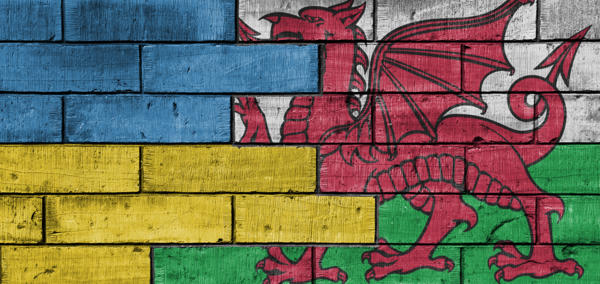 wooden blocks painted in the Welsh and Ukrainian flags meeting in the middle 