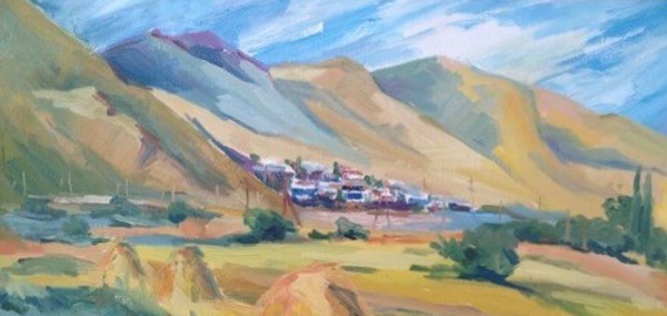 Painting of a rural landscape with golden haystacks in the foreground, green fields, and scattered trees.