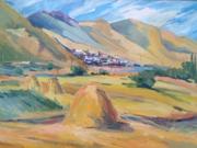 Painting of a rural landscape with golden haystacks in the foreground, green fields, and scattered trees.