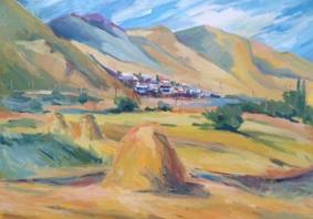 Painting of a rural landscape with golden haystacks in the foreground, green fields, and scattered trees.