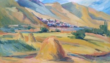 Painting of a rural landscape with golden haystacks in the foreground, green fields, and scattered trees.