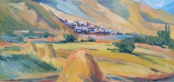 Painting of a rural landscape with golden haystacks in the foreground, green fields, and scattered trees.