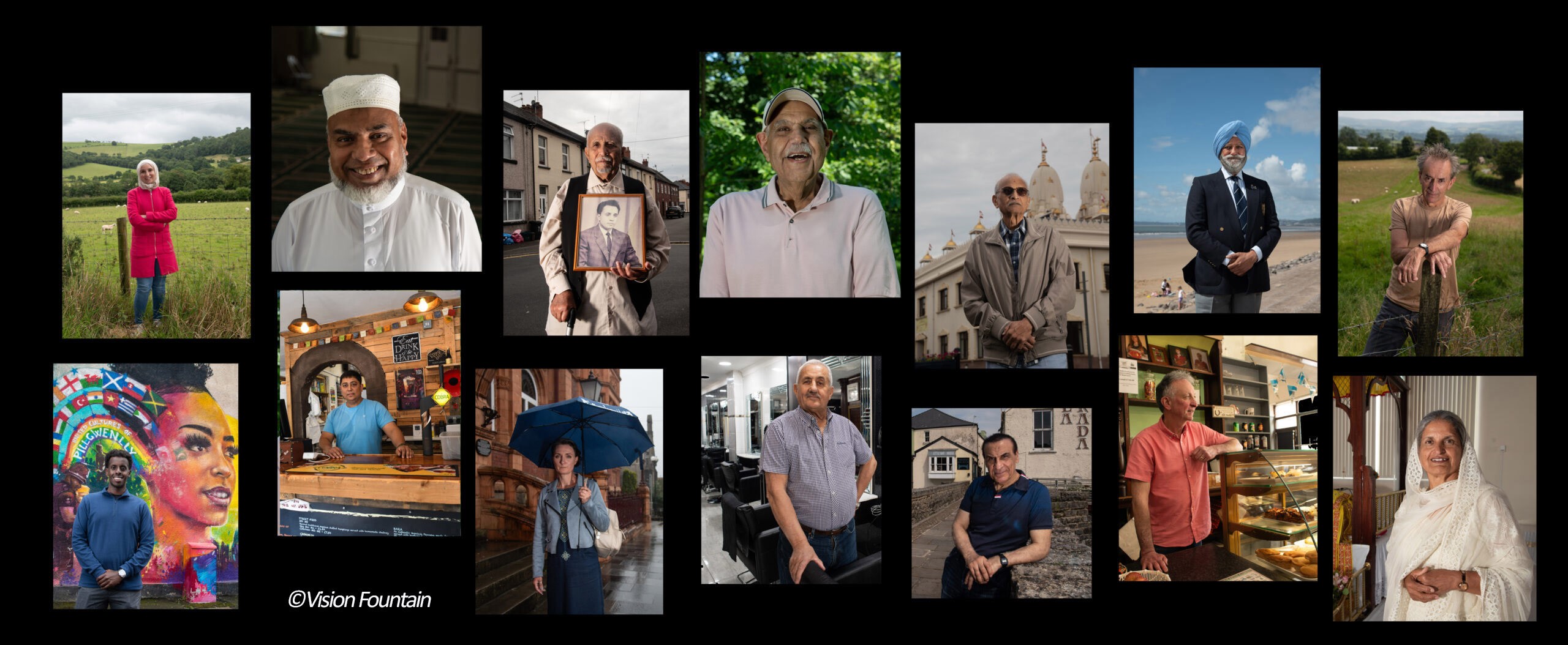 A collage of ten images featuring different individuals in various settings. The backgrounds include outdoor scenes, buildings, and indoor environments.