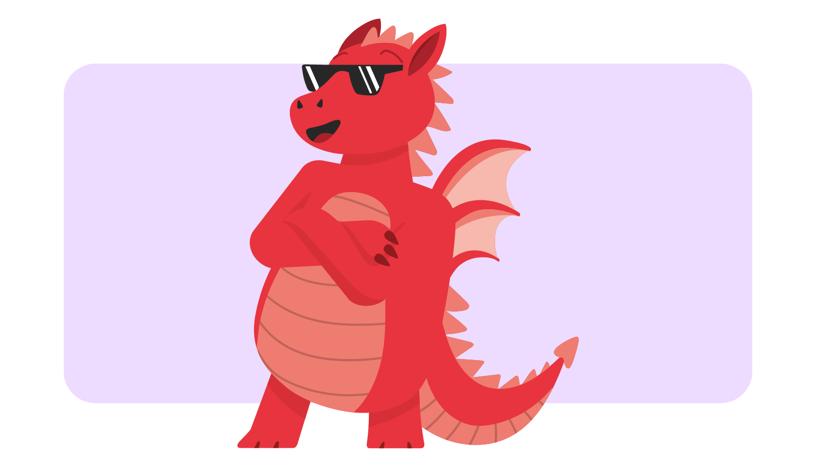 A red cartoon dragon wearing sunglasses with arms crossed on a purple background.