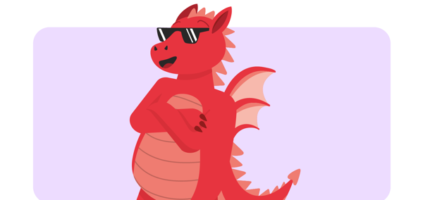 A red cartoon dragon wearing sunglasses with arms crossed on a purple background.