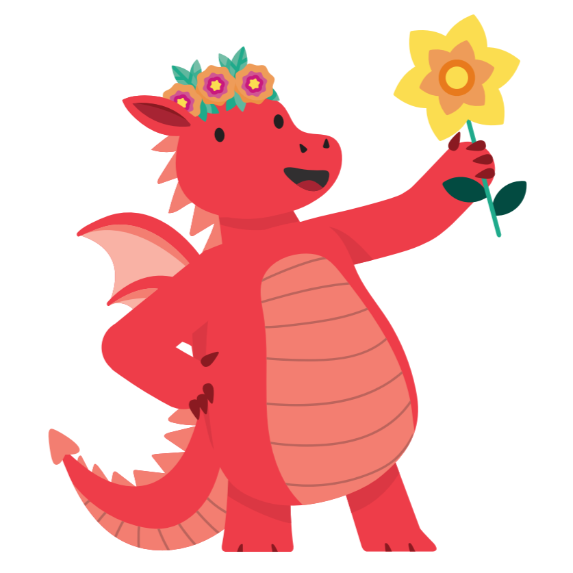 An illustration of a red dragon holding a yellow daffodil. The dragon has a friendly expression and is wearing a flower hairband.