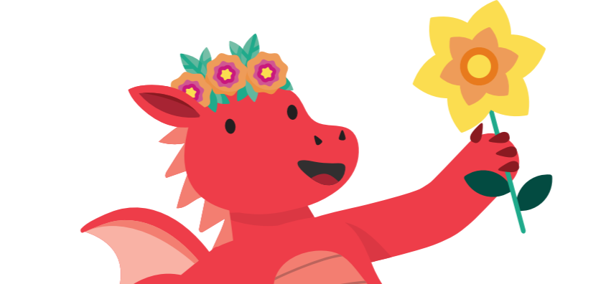 An illustration of a red dragon holding a yellow daffodil. The dragon has a friendly expression and is wearing a flower hairband.