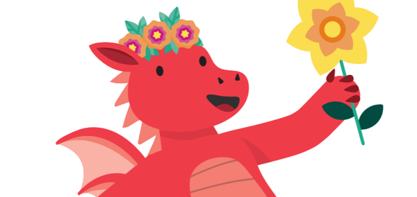 An illustration of a red dragon holding a yellow daffodil. The dragon has a friendly expression and is wearing a flower hairband.