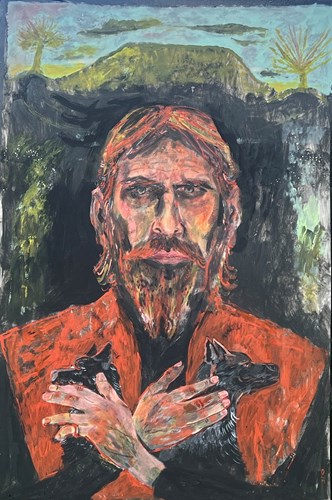 A painting of Owain Glyndŵr. He is depicted with long hair and a beard and wears a red jacket. He holds two small black dogs in his hands, and is set against a backdrop of a dark mountain and green trees.