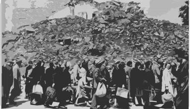 A grayscale image showing a large pile of rubble and debris in the background. In the foreground, a group of people are walking, carrying various bags and belongings.