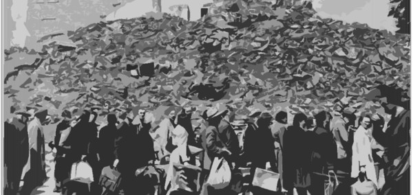 A grayscale image showing a large pile of rubble and debris in the background. In the foreground, a group of people are walking, carrying various bags and belongings.