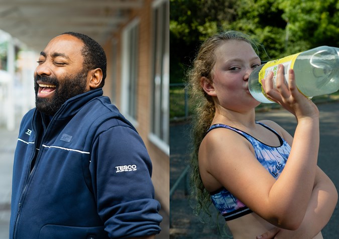 A man with short dark curly hair and a dark beard laughs. He is wearing a navy blue Tesco uniform. On the right in a separate image, a young girl with a long blond curly ponytail drinks from a bottle of lemonade. She wears a blue and pink crop top.