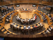 A photo of the Senedd debating chamber 