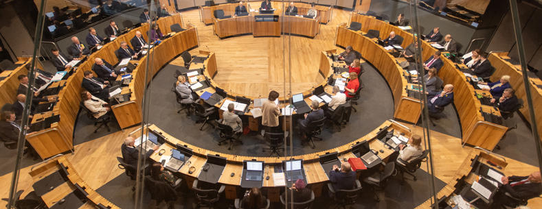 A photo of the Senedd debating chamber 