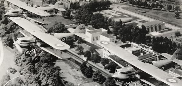 Hawker Hectors of 614 Squadron over Cathays Park in Cardiff in May 1939. Visible below are the Royal Welsh college of Music and Drama, The Temple of Peace and one of the buildings which now houses the Welsh Government.