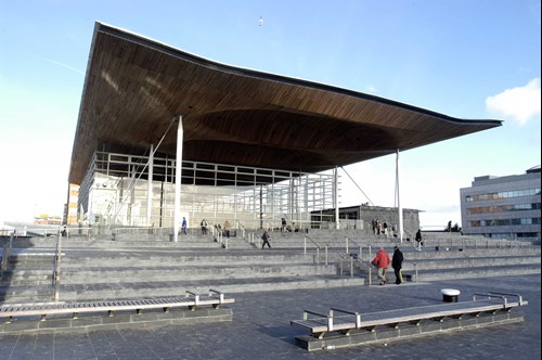 The Senedd building now from front view