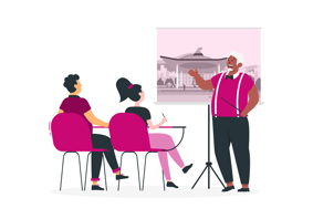 Teacher with image of the Senedd