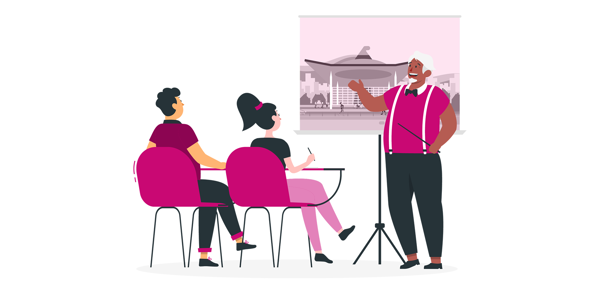 Teacher with image of the Senedd