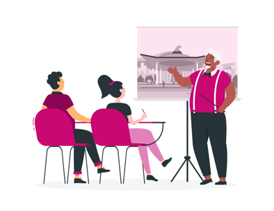 Teacher with image of the Senedd