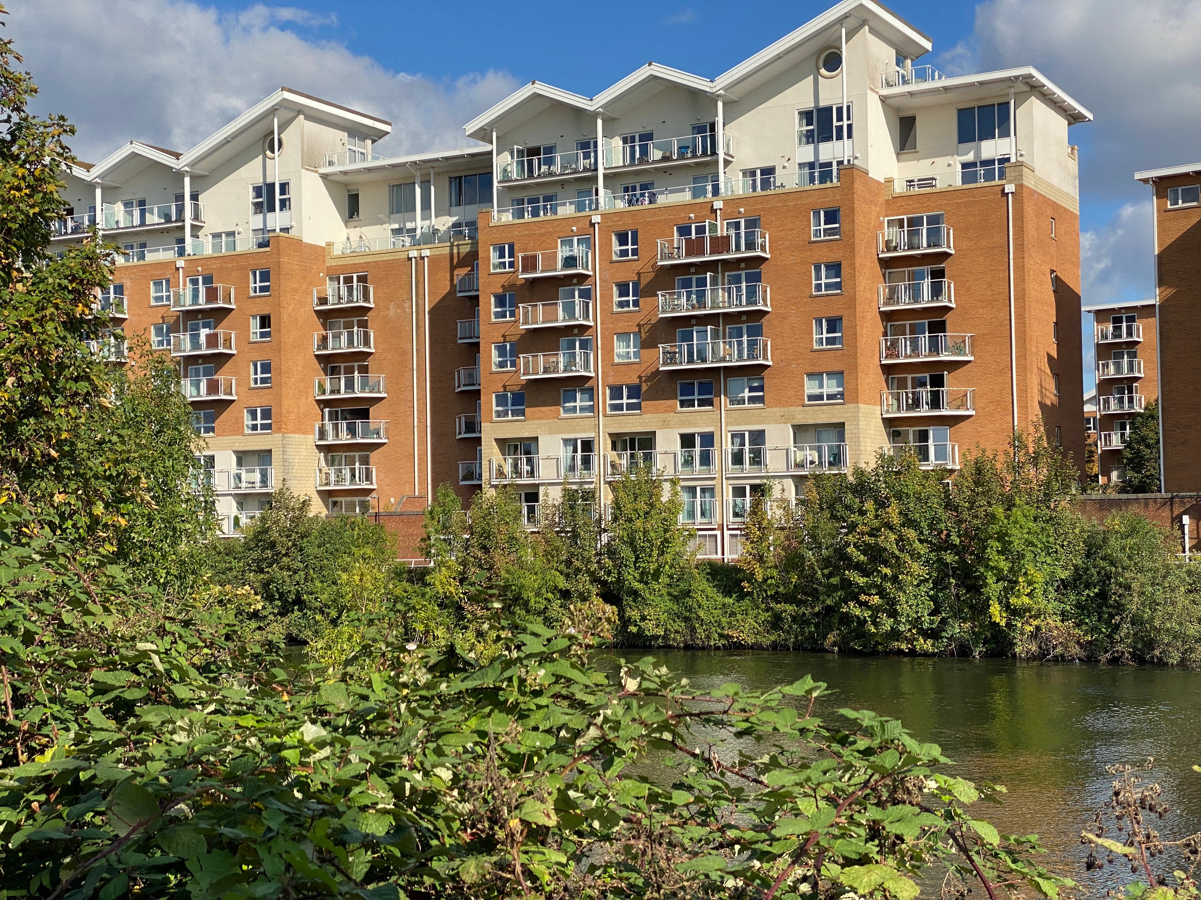 Image of a row of high-rise residential buildings, with a river and bushes in the foreground.