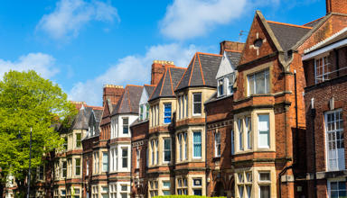 Row of traditional brick houses on a sunny day, with blue sky and a tree to the left