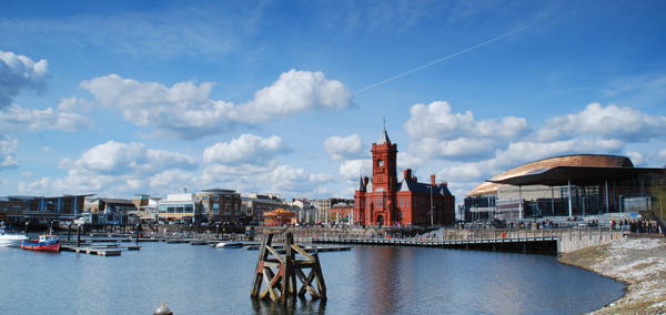 Image of Cardiff Bay, showing the Senedd building and the Pierhead. 
