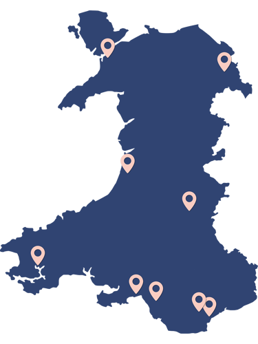 Map of Wales featuring pins of locations the Senedd will be visiting throughout the summer: Caernarfon, Aberavon, Aberystwyth, Cardiff, Swansea, Builth Well, Wrexham, Haverfordwest, Cardiff